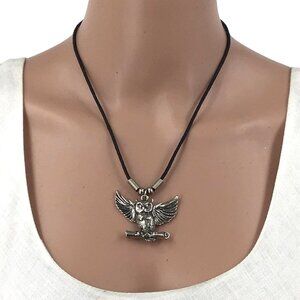 Owl Pendant Necklace Silver Tone Black 24 Inch Length